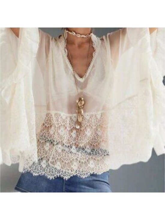 Tops - White Casual Women's Y2K Poncho Top, Oversized V-Neck Lace Blouse
